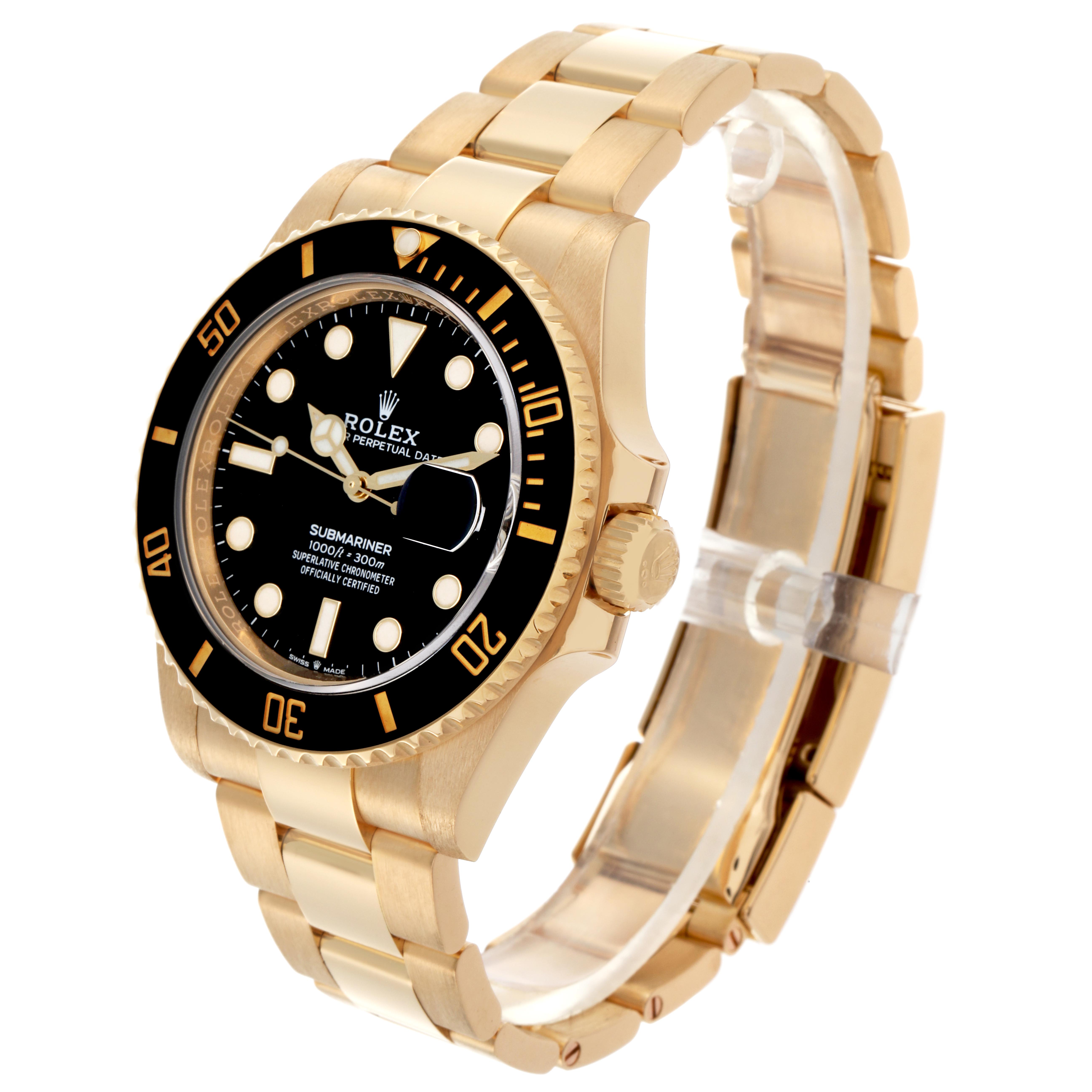 The Rolex Submariner 126618 Men's Yellow Gold Black Dial watch is shown at a slight angle, highlighting the bezel, dial, bracelet, and crown.